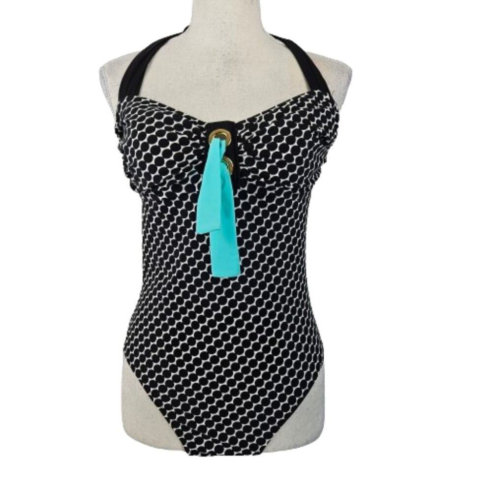Bleu Rod Beattie "Connect the Dots" Black Polka Dot One Piece Halter Swimsuit 10